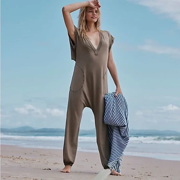 Free People Movement Hot Shot V Neck Jumpsuit in Oregano - Picture 1 of 13